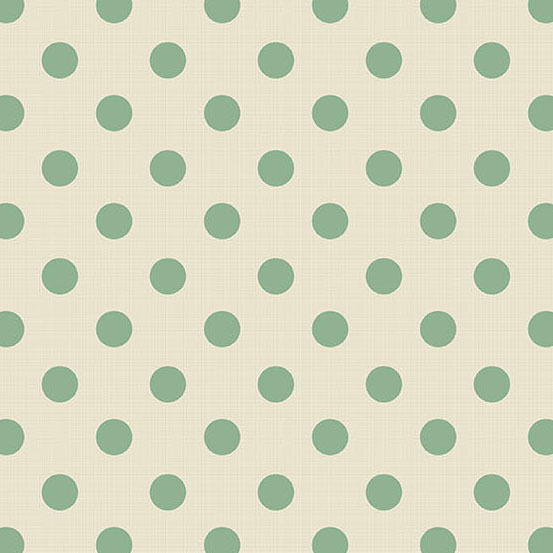 Light cream fabric with evenly spaced mint green polka dots.