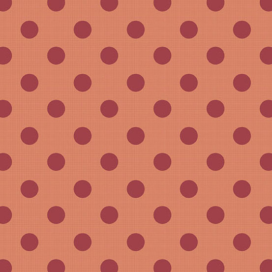 Repeating pattern of maroon polka dots on a peach background.