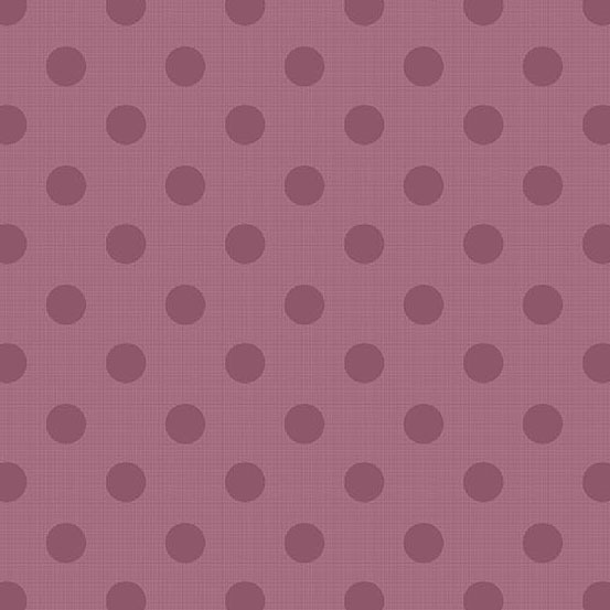 Fabric pattern of evenly spaced dark purple polka dots.