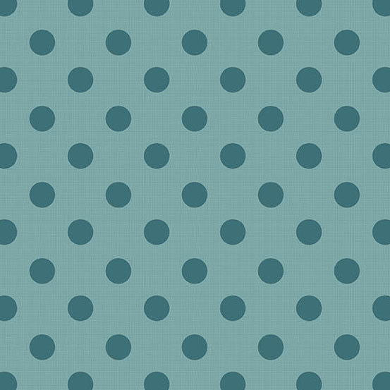 A teal fabric with evenly spaced dark teal polka dots.