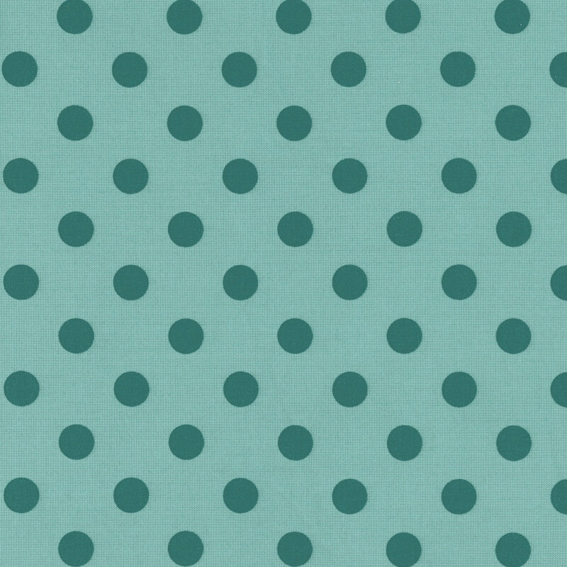 A turquoise fabric with evenly spaced tonal polka dots.