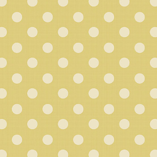 A yellow fabric featuring evenly spaced white polka dots.