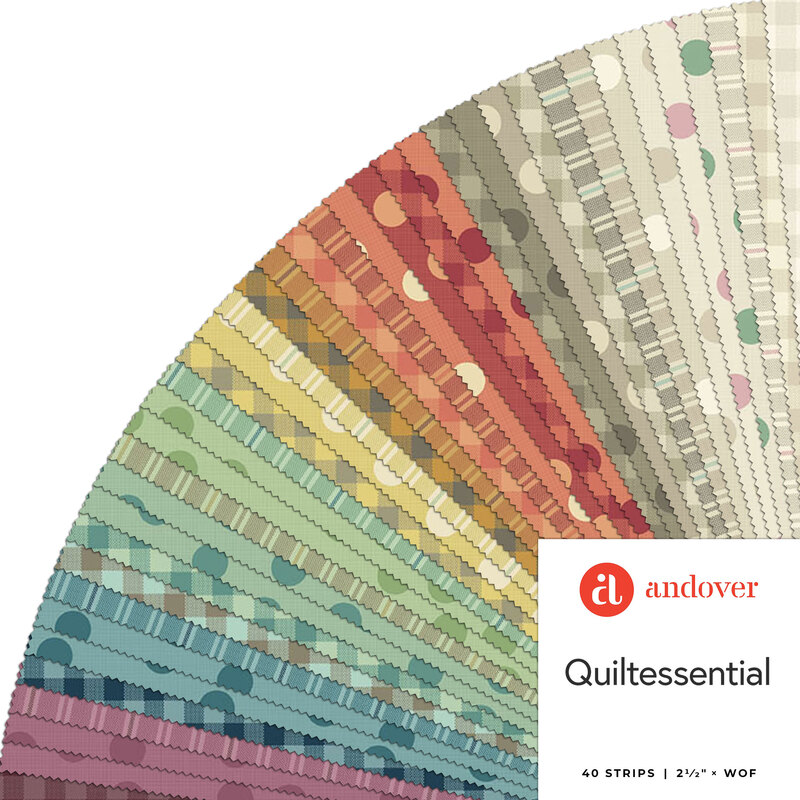 A color palette featuring 40 quilt fabric strips in various patterns, labeled Quintessential by Andover.