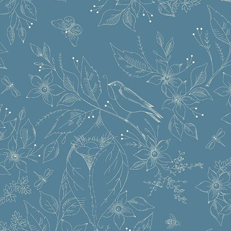 Blue fabric with outlined images of a bird nesting in flowers.