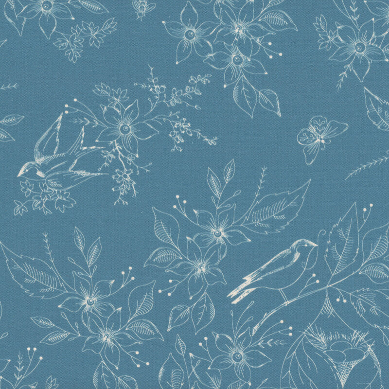 Blue fabric with outlined images of a bird nesting in flowers.