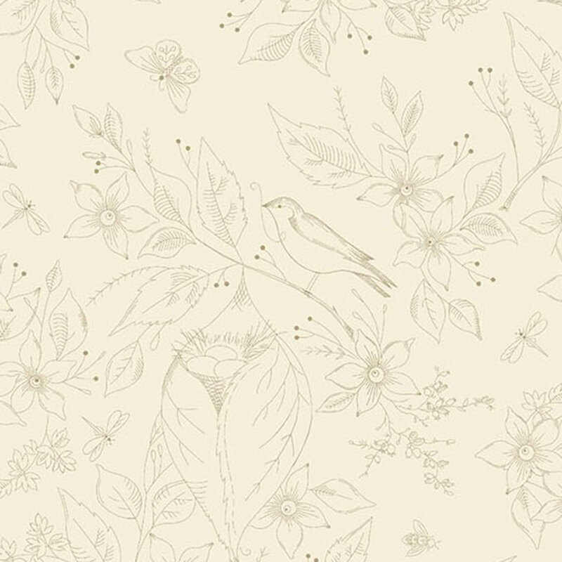 Cream fabric with outlined images of a bird nesting in flowers.