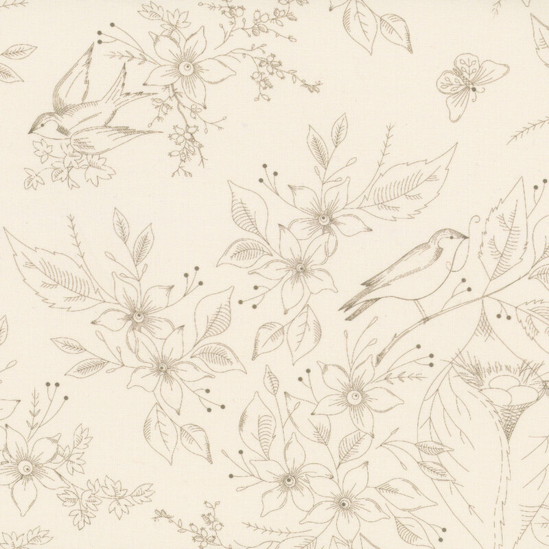 Cream fabric with outlined images of a bird nesting in flowers.