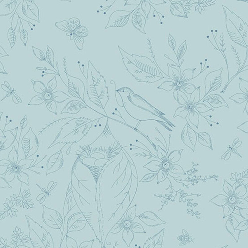 Light blue fabric with outlined images of a bird nesting in flowers.