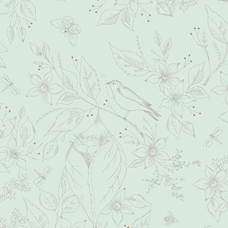 Aqua fabric with outlined images of a bird nesting in flowers.