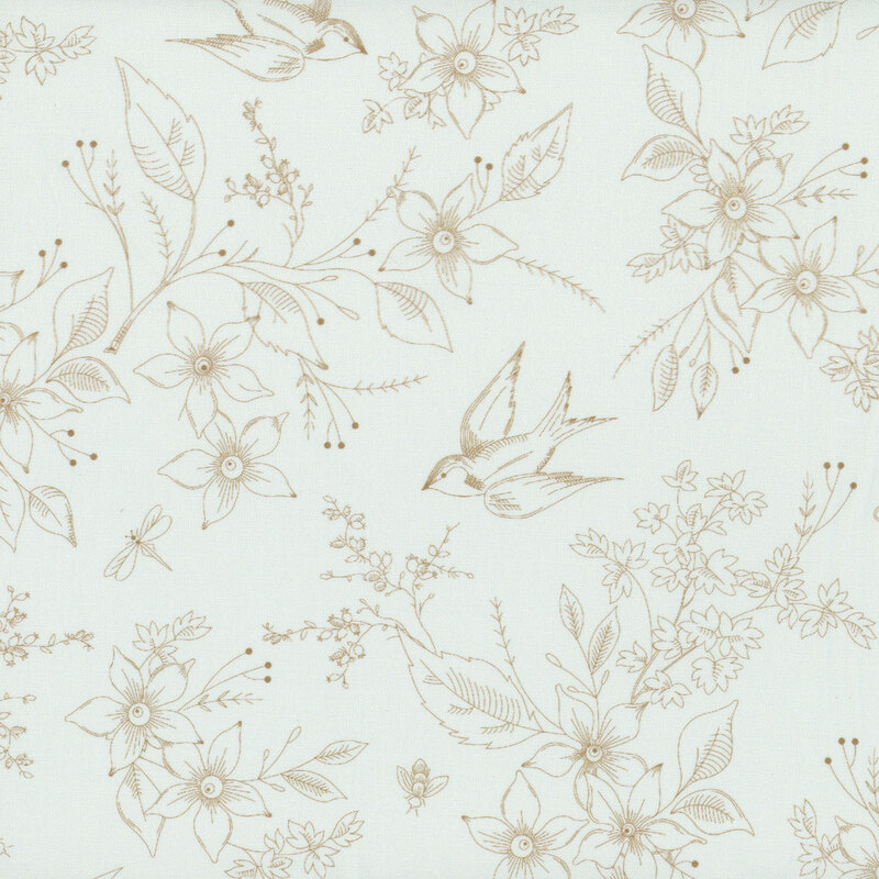 Aqua fabric with outlined images of a bird nesting in flowers.