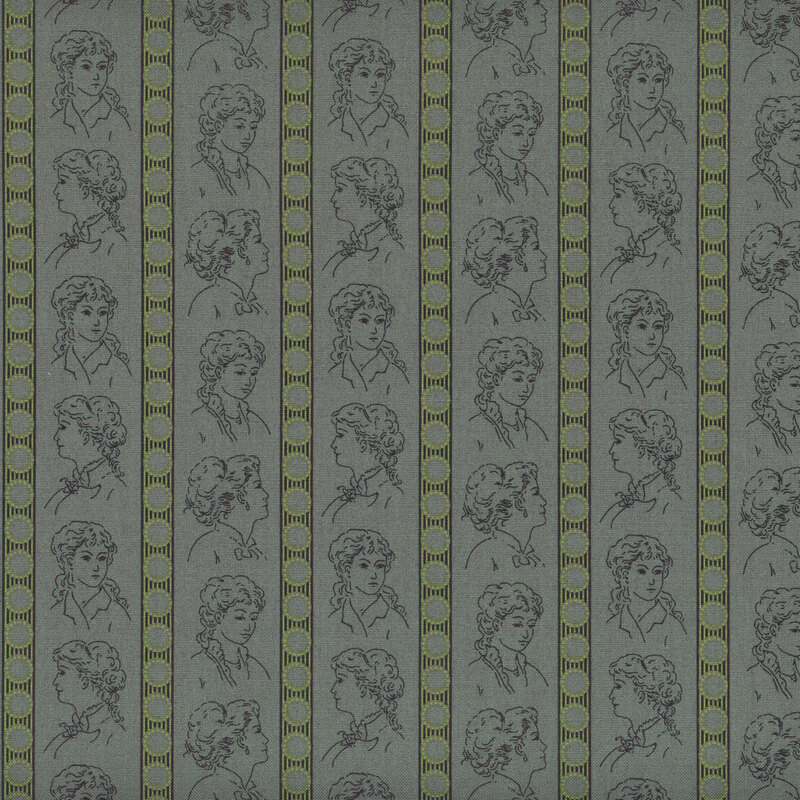 Blue fabric with rows of colonial women in different poses, interspersed by stripes.