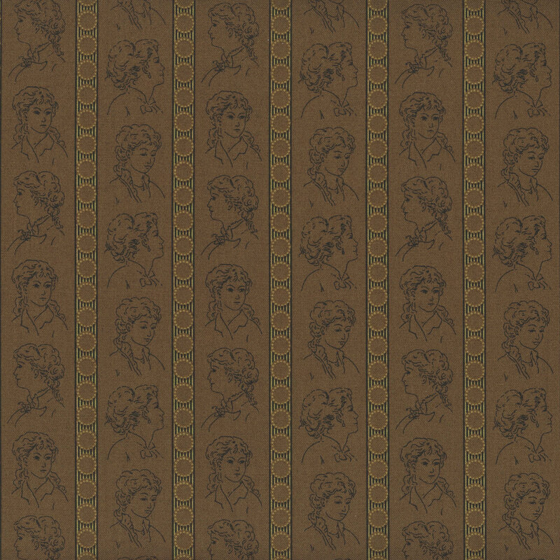 Brown fabric with rows of colonial women in different poses, interspersed by stripes.