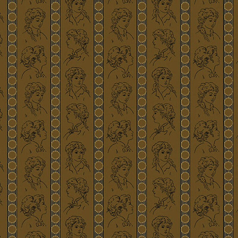 Brown fabric with rows of colonial women in different poses, interspersed by stripes.