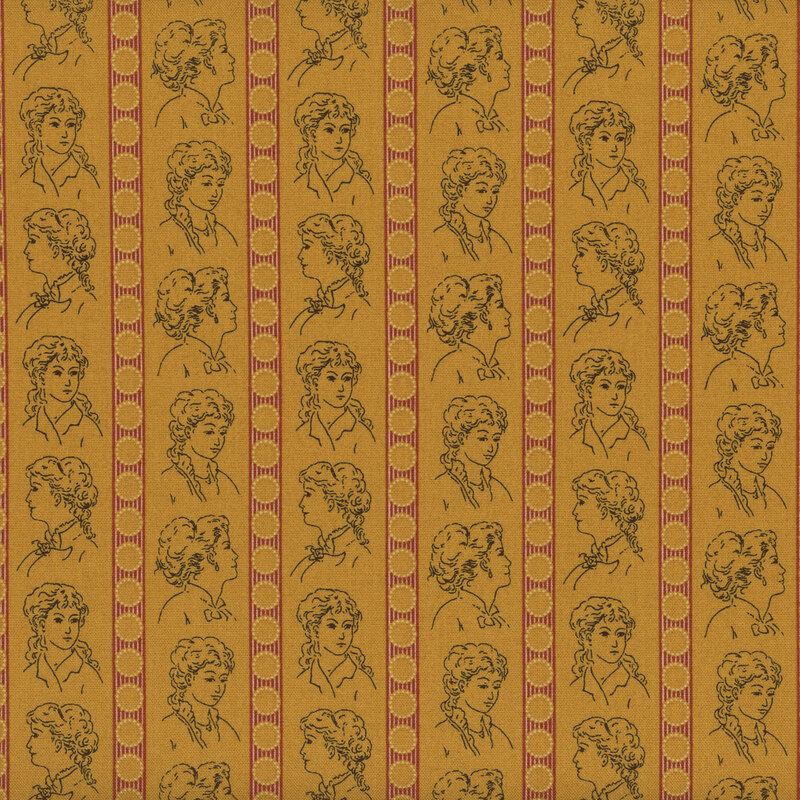 Bronze fabric with rows of colonial women in different poses, interspersed by stripes.