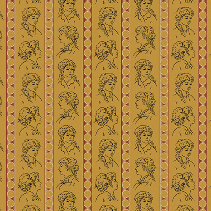 Yellow fabric with rows of colonial women in different poses, interspersed by stripes.