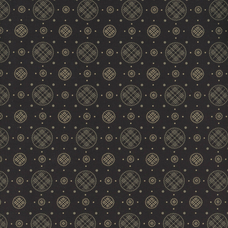 Black fabric with a uniform arrangement of plaid circles and polka dots. 