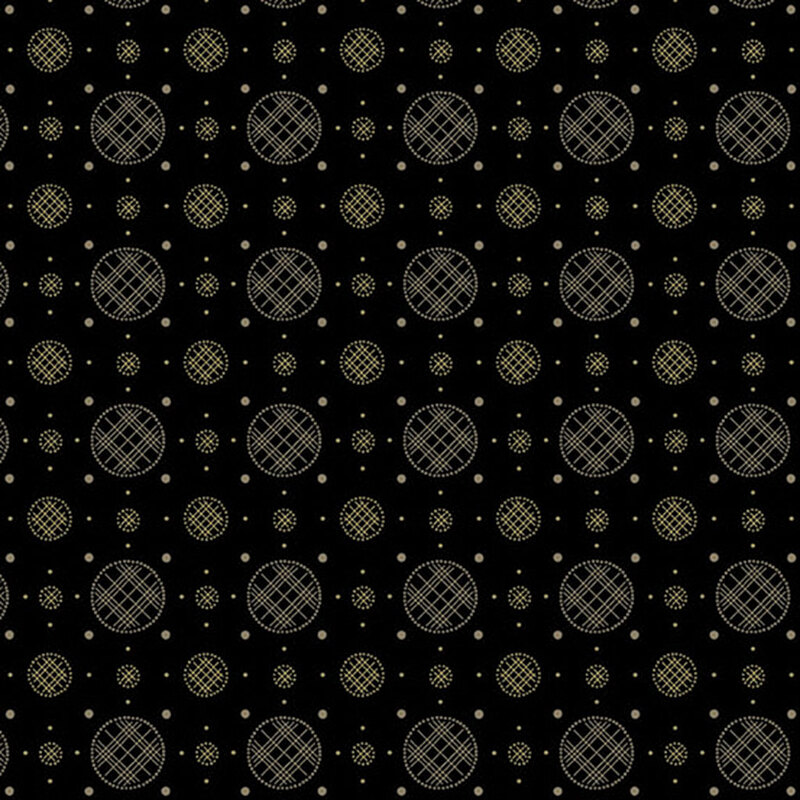 Black fabric with a uniform arrangement of plaid circles and polka dots. 