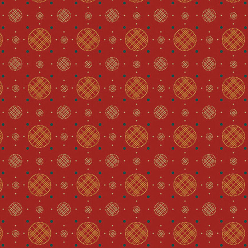 Red fabric with a uniform arrangement of plaid circles and polka dots. 