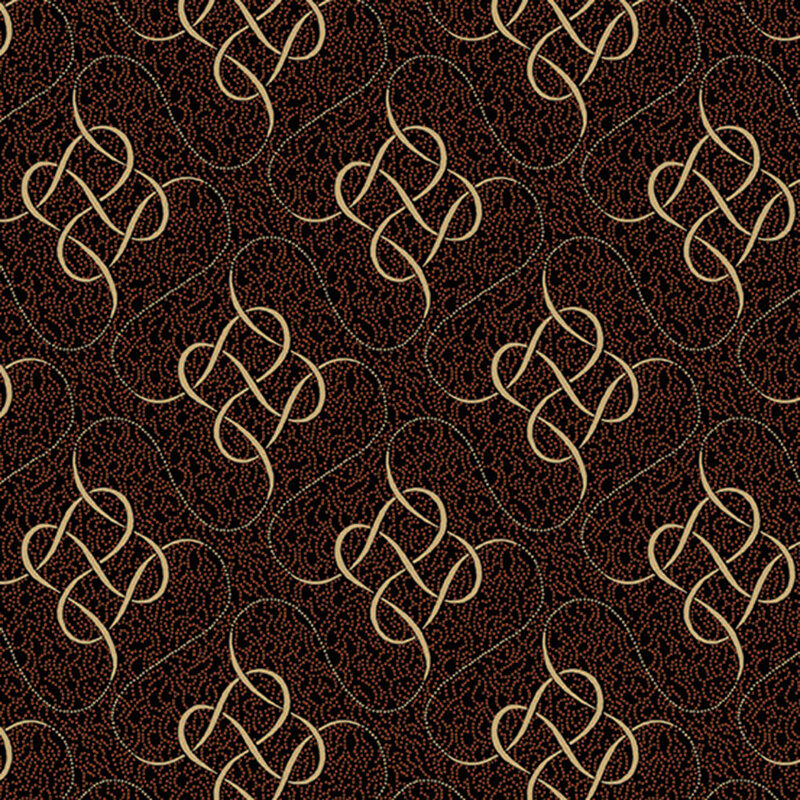 Orange dots on black fabric with an intricate, intertwined design on a dotted background.