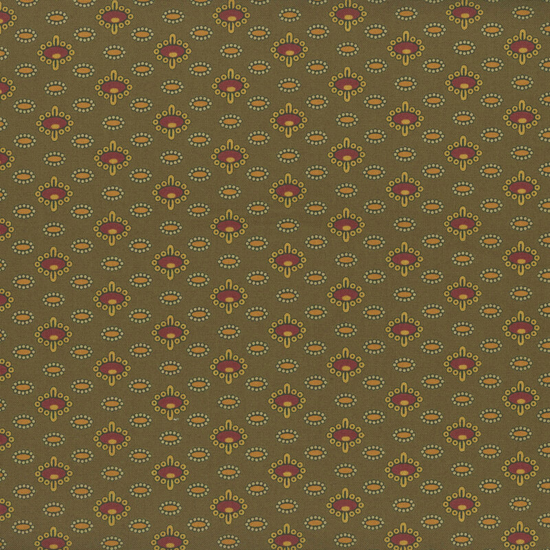 Green fabric with columns of abstract shapes.