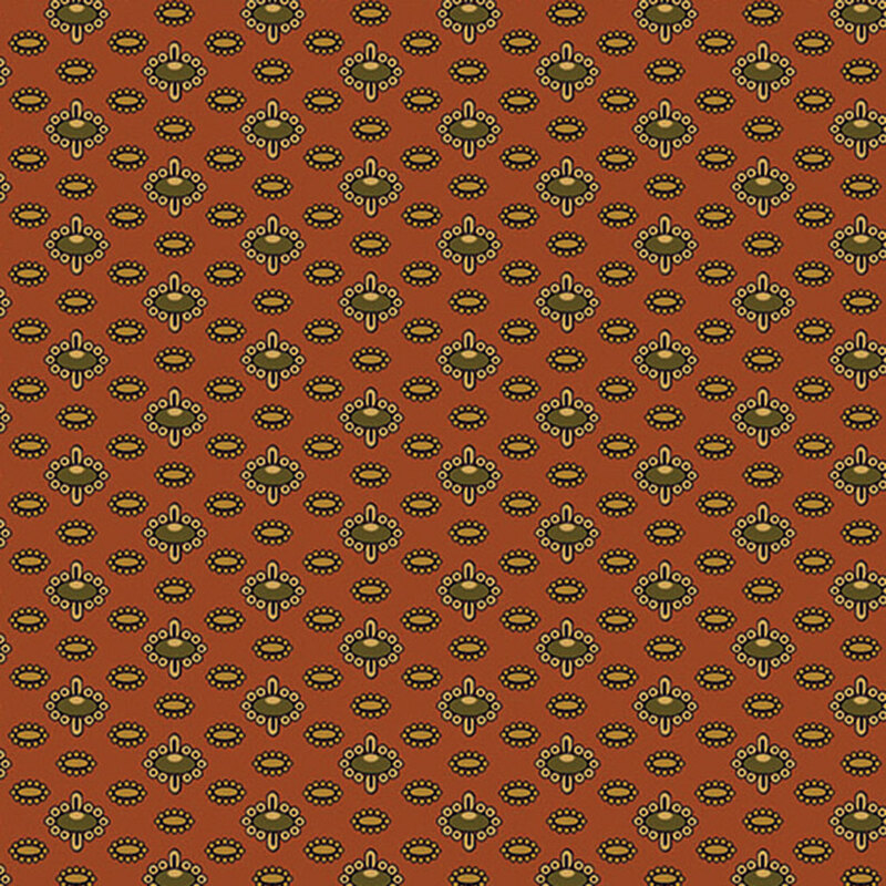 Orange fabric with columns of abstract shapes.