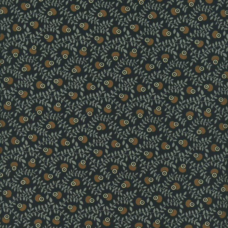 Black fabric with tossed abstract oval shapes on a background of sprawling vines.