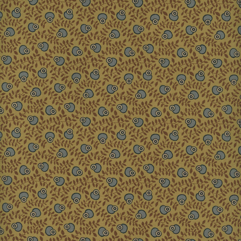 Olive brown fabric with tossed abstract oval shapes on a background of sprawling vines.