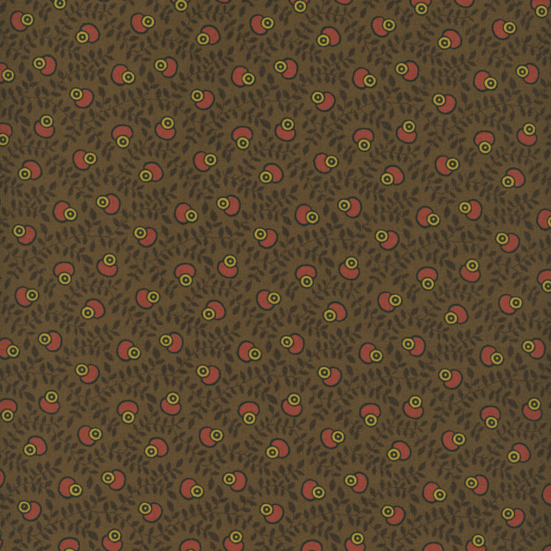 Brown fabric with tossed abstract oval shapes on a background of sprawling vines.