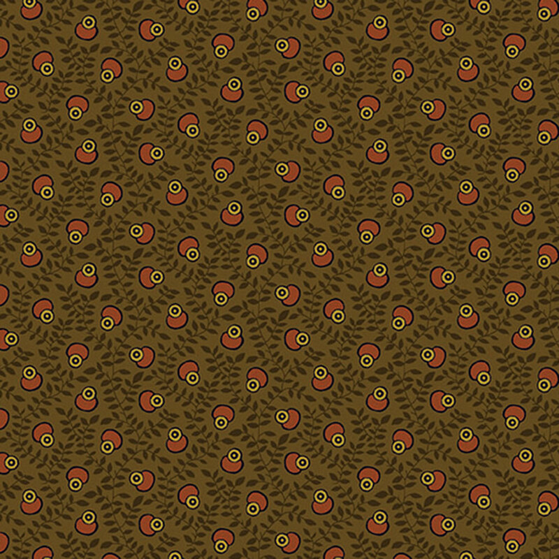 Brown fabric with tossed abstract oval shapes on a background of sprawling vines.