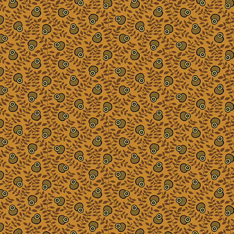 Yellow fabric with tossed abstract oval shapes on a background of sprawling vines.