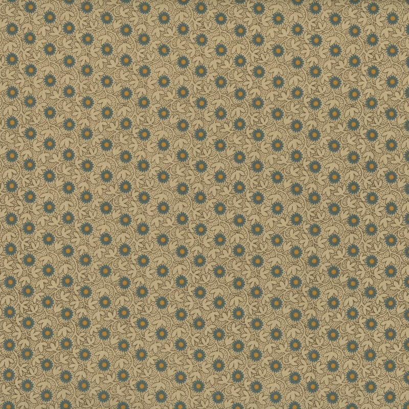 Tan fabric with diagonal rows of small blue flowers.