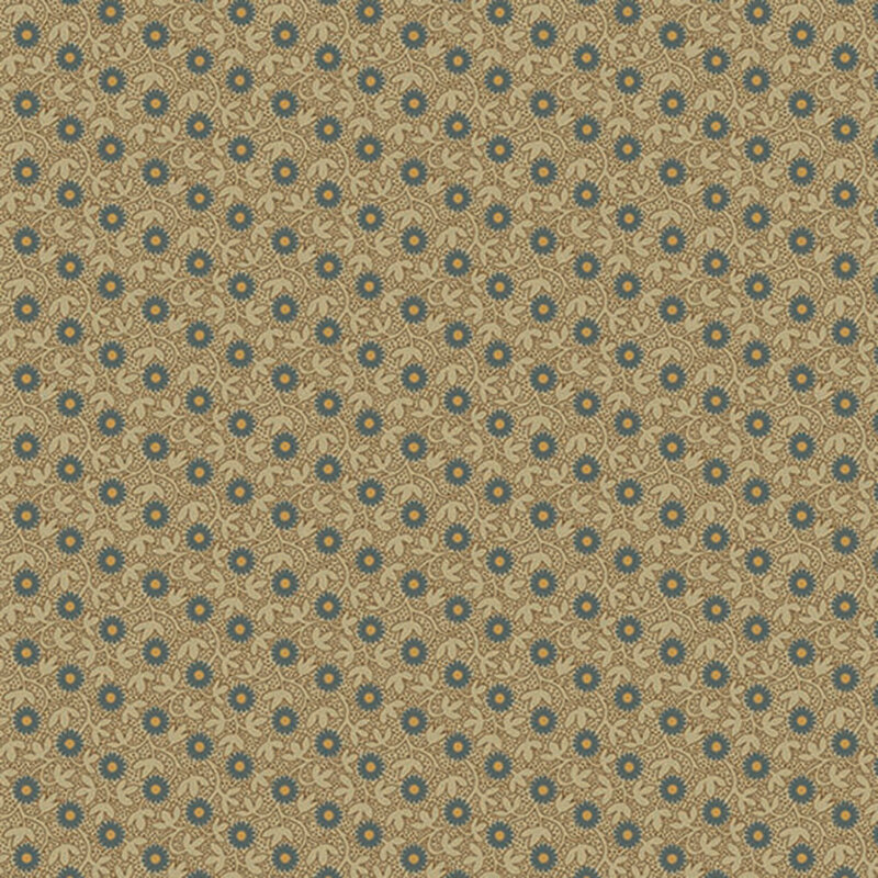 Tan fabric with diagonal rows of small blue flowers.