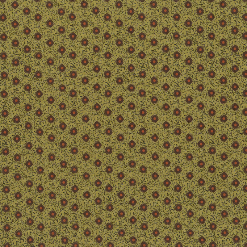 Green fabric with diagonal rows of small flowers.