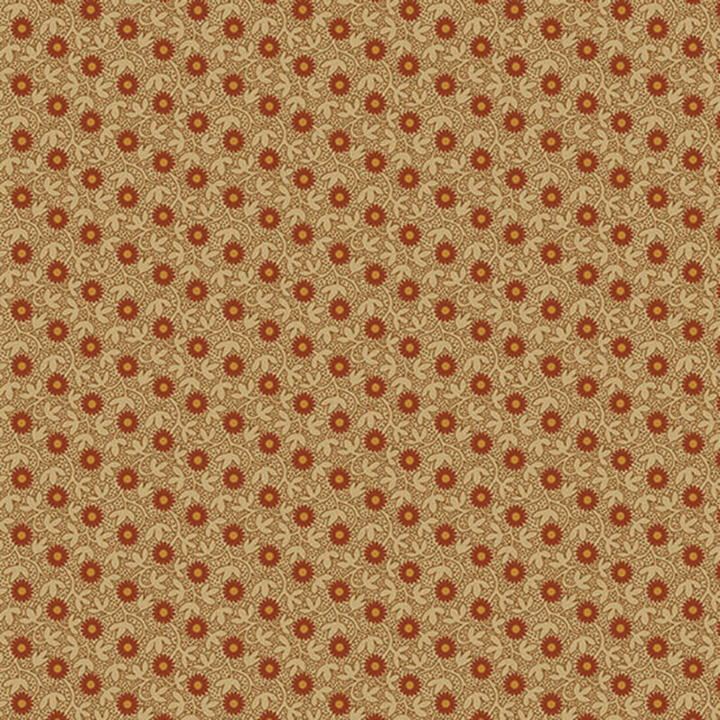 Tan fabric with diagonal rows of small orange flowers.