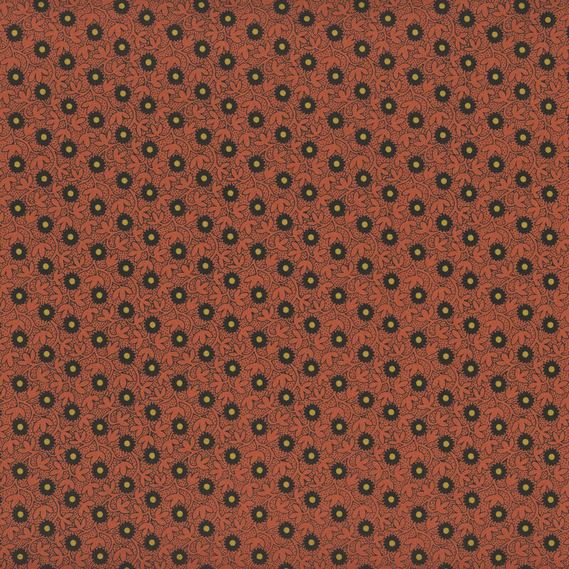 Red fabric with diagonal rows of small black flowers.