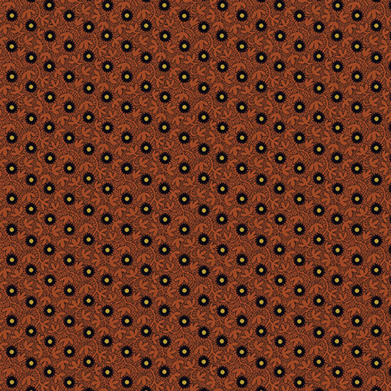 Red fabric with diagonal rows of small black flowers.