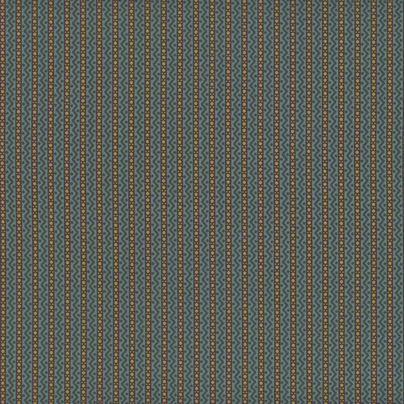 Blue fabric with dotted stripes and zigzag stripes interspersed between.