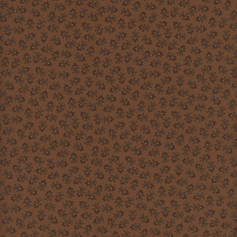 Mahogany brown fabric with tossed abstract floral shapes.