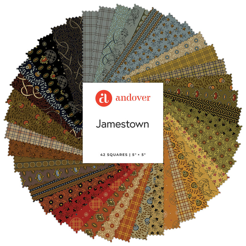 A spiral collage of the fabrics included in the Jamestown 5