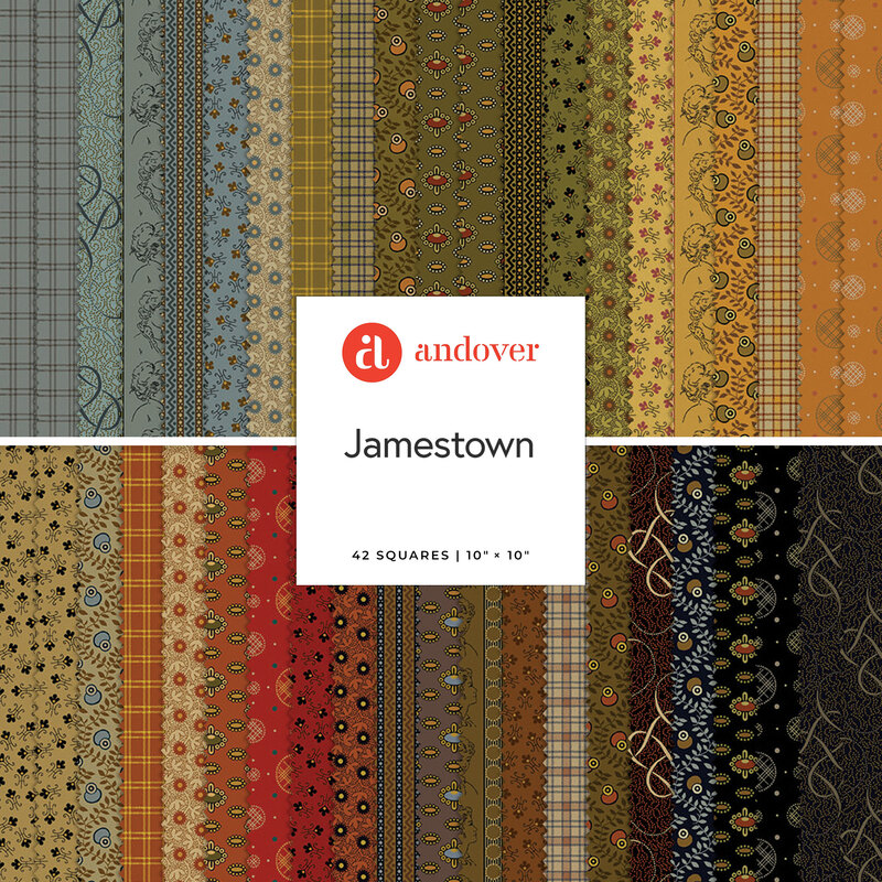 A stacked collage of the fabrics included in the Jamestown 10