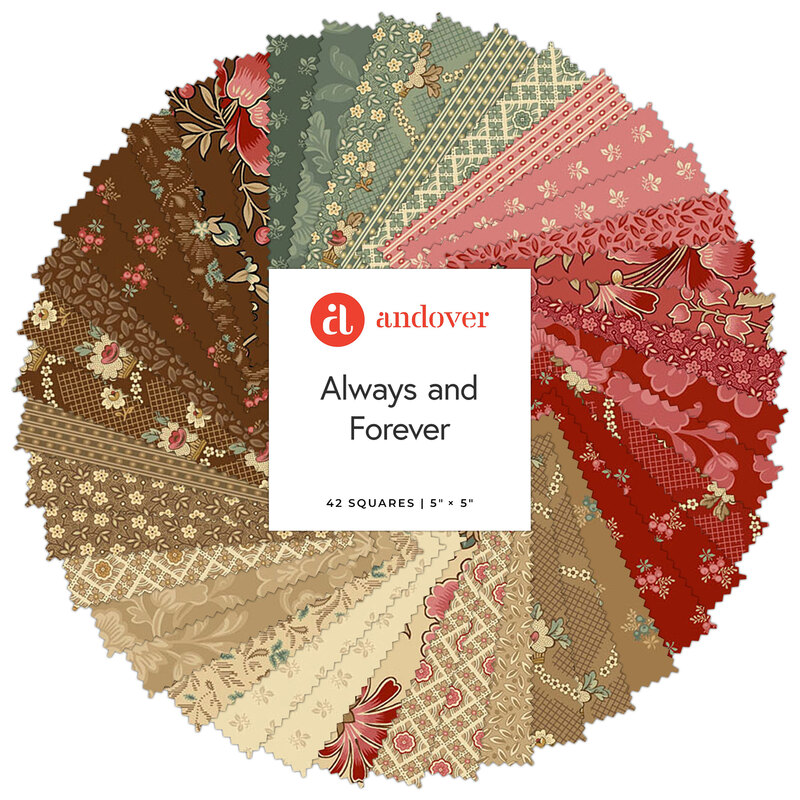 A spiral collage of the floral fabrics included in the Always and Forever 5