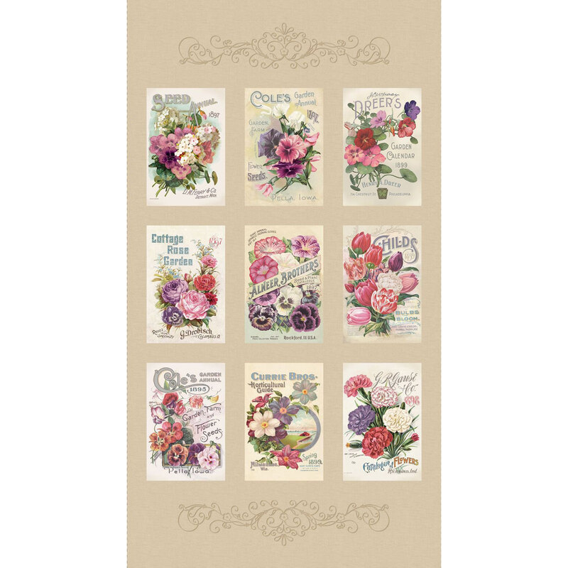 A fabric panel featuring vintage floral seed packet designs arranged in a 3x3 grid on a cream background.