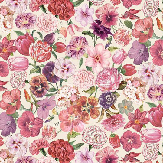 A vibrant floral pattern featuring assorted roses, orchids, tulips, and pansies in shades of pink and purple.