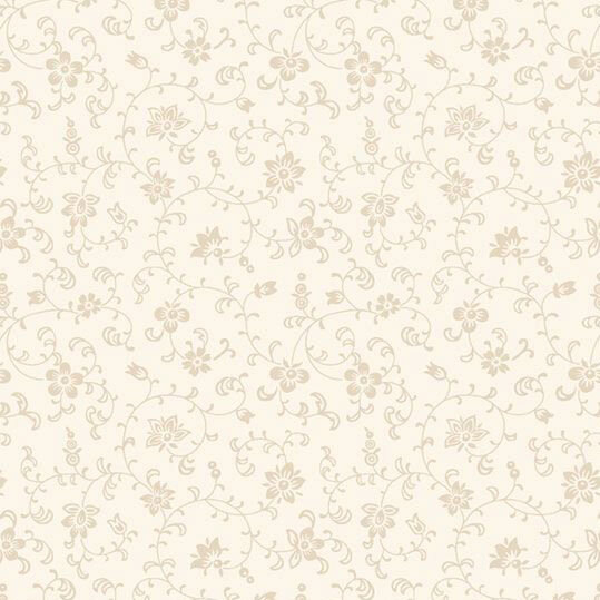 A tonal cream fabric with a delicate floral pattern featuring swirls and small flowers.