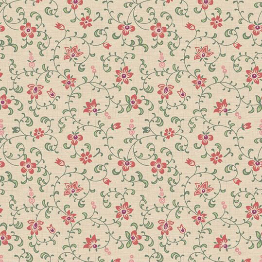 A beige background with a delicate floral pattern featuring swirls and small red flowers.