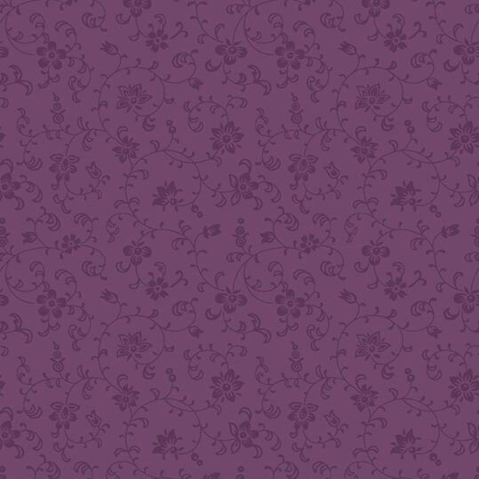 A tonal purple fabric with a delicate floral pattern featuring swirls and small flowers.