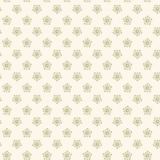 Cream fabric featuring a repeating pattern of green floral motifs