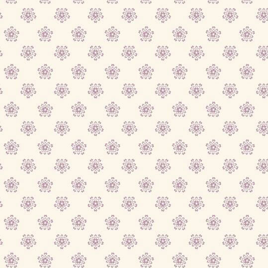 Cream fabric featuring a repeating pattern of purple floral motifs