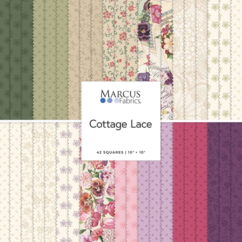 A stacked collage of fabrics in the Cottage Lace 10