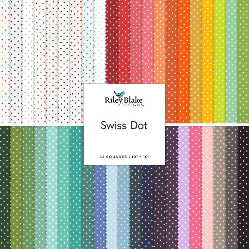 A stacked collage of the rainbow fabrics in the Swiss Dot 10